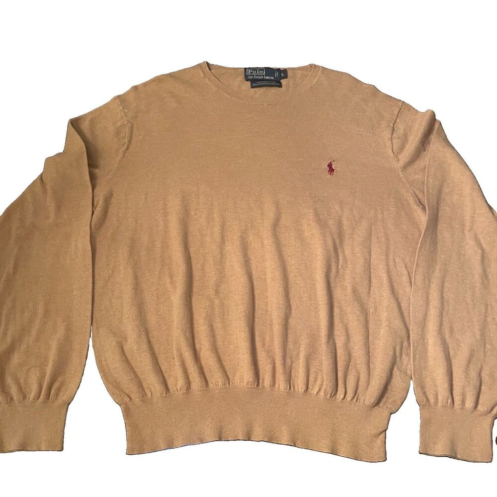 Polo Ralph Lauren Camel Tan Pima Cotton Crewneck Sweater Size L Maroon Pony